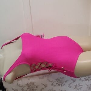 SANCTUARY SOCIAL STANDARD NWT pink ribbed square neck one piece swimsuit Size S